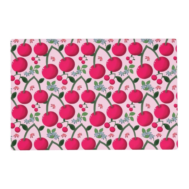 Cute Cherry  Pattern, Glossy Kawaii Fruit Placemat (Front)