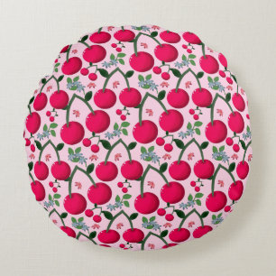 Cute Cherry  Pattern, Glossy Kawaii Fruit Round Pillow