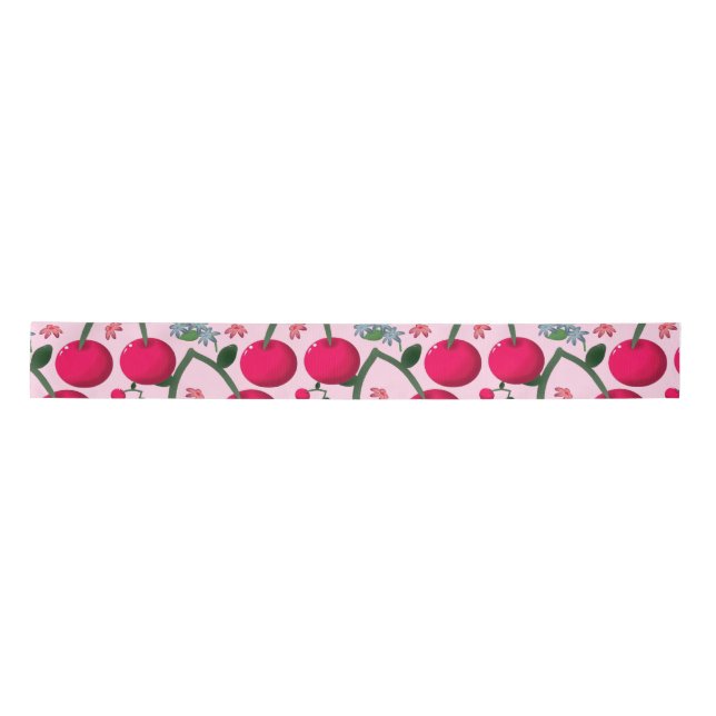 Cute Cherry  Pattern, Glossy Kawaii Fruit Satin Ribbon (Front)