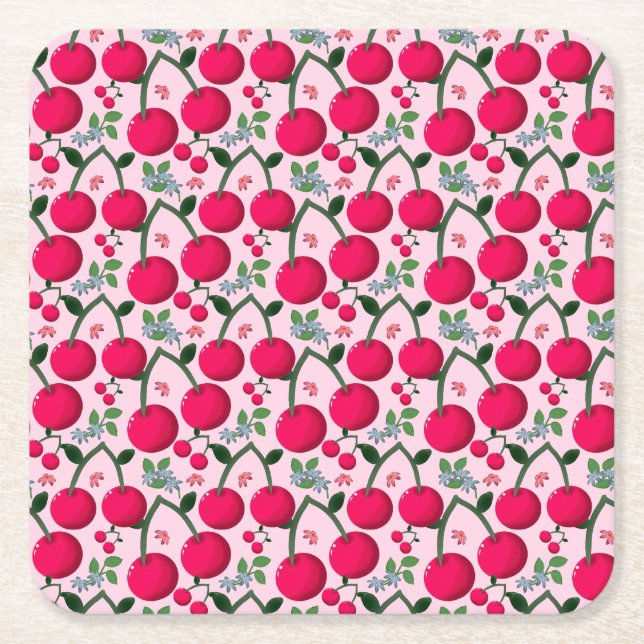 Cute Cherry  Pattern, Glossy Kawaii Fruit Square Paper Coaster (Front)