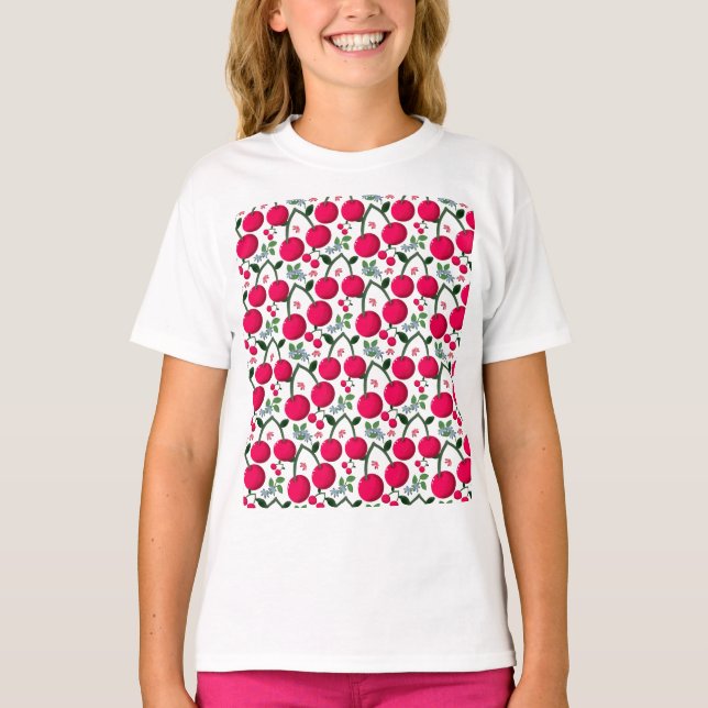 Cute Cherry  Pattern, Glossy Kawaii Fruit T-Shirt (Front)