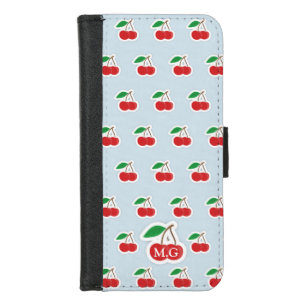 Cute Cherry Pattern on Light Blue Monogram iPhone 8/7 Wallet Case