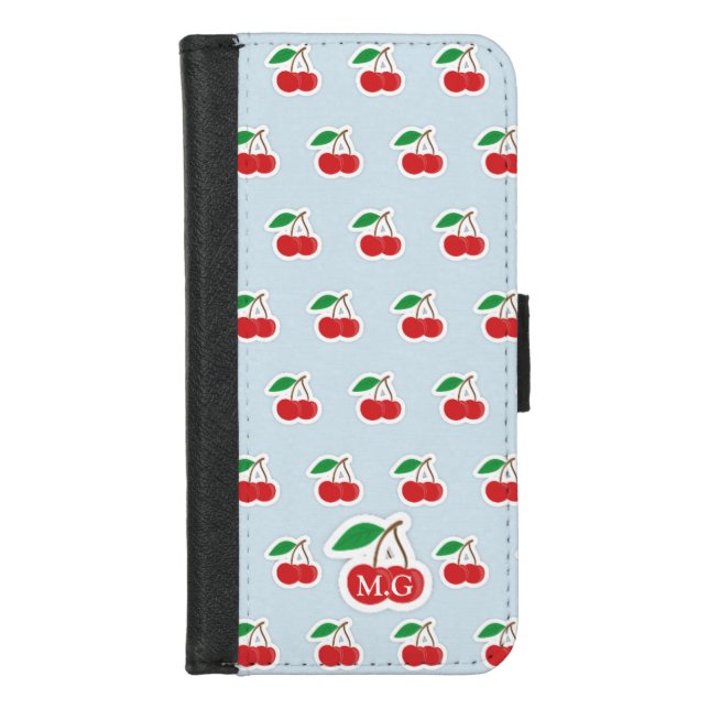 Cute Cherry Pattern on Light Blue Monogram iPhone Wallet Case (Front)