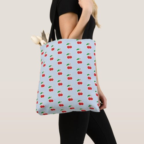 Cute Cherry Pattern on Light Blue Tote Bag