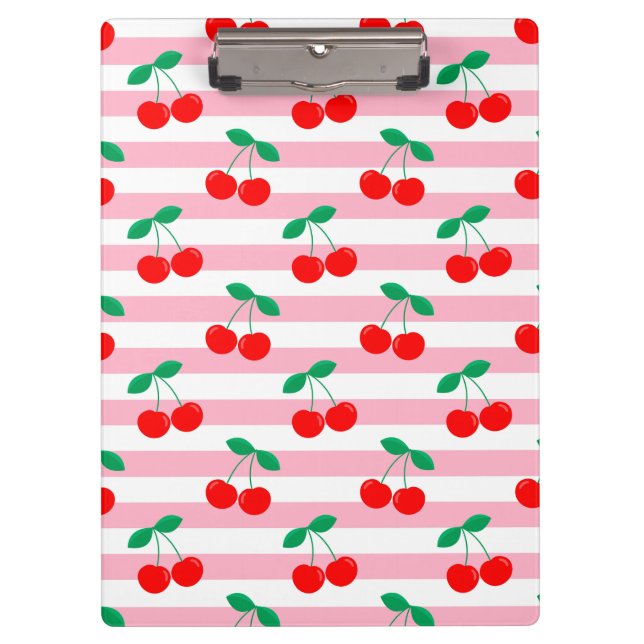 Cute Cherry Pattern on Pink Striped Background Clipboard (Front)