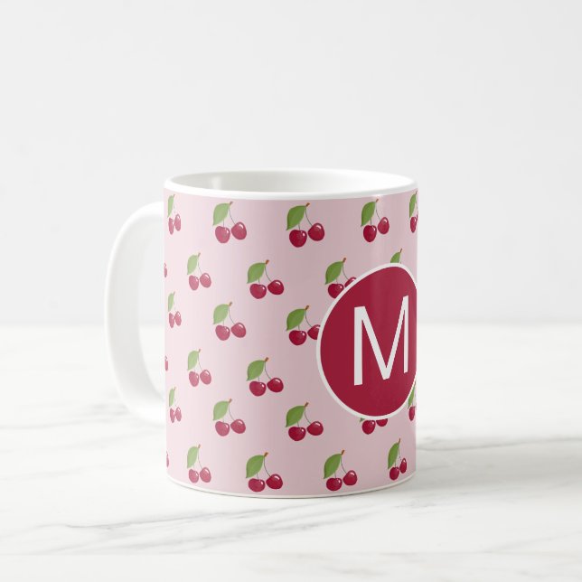 Cute Cherry Pattern Personalised Monogram Coffee Mug (Front Left)