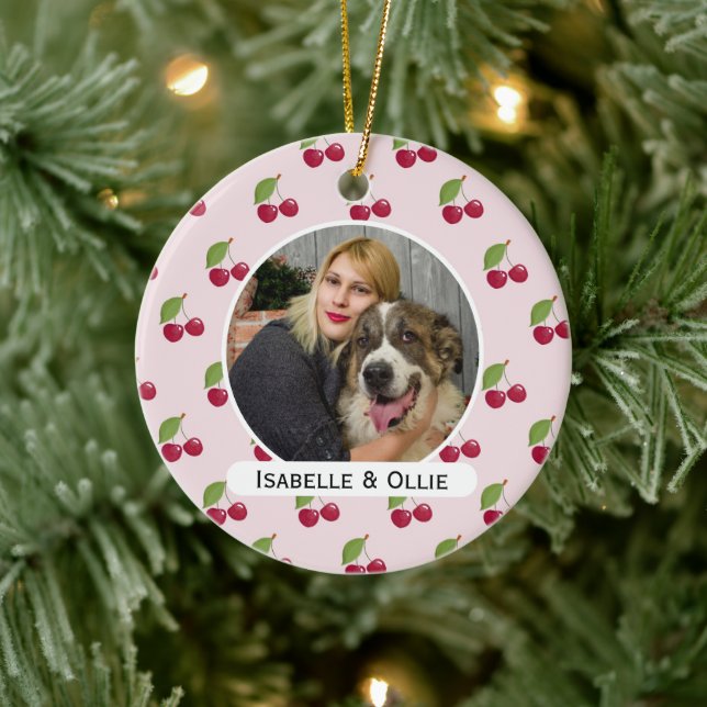 Cute Cherry Pattern Personalised Photo Ceramic Ornament (Tree)
