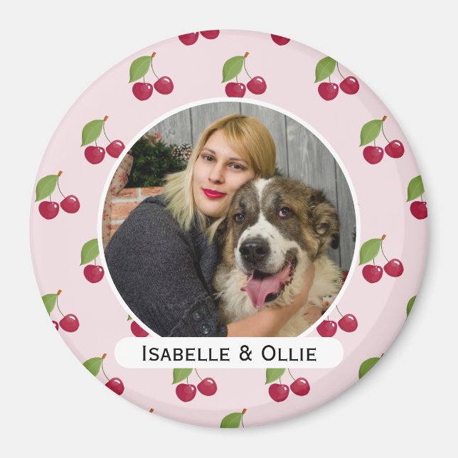 Cute Cherry Pattern Personalised Photo Magnet (Front)