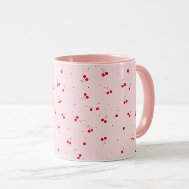 Cute Cherry Pattern | Pink Aesthetic Seamless  Mug (Front Right)