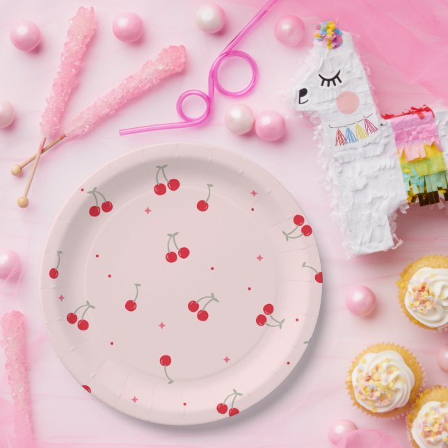 Cute Cherry Pattern | Pink Aesthetic Seamless  Paper Plates (Party)