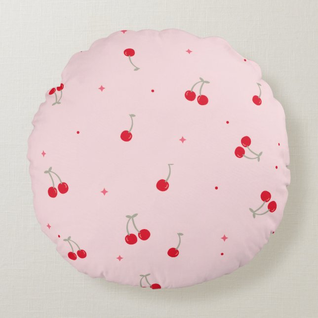 Cute Cherry Pattern | Pink Aesthetic Seamless  Round Pillow (Front)