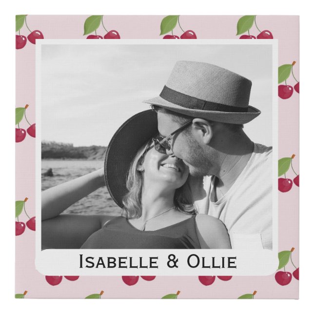 Cute Cherry Pattern Pink Custom Photo Personalised Faux Canvas Print (Front)