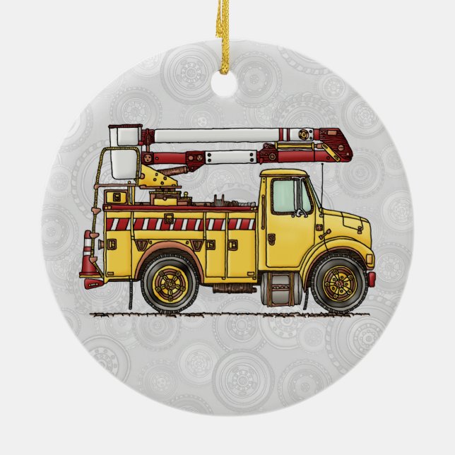 Cute Cherry Picker Truck Ceramic Ornament (Back)