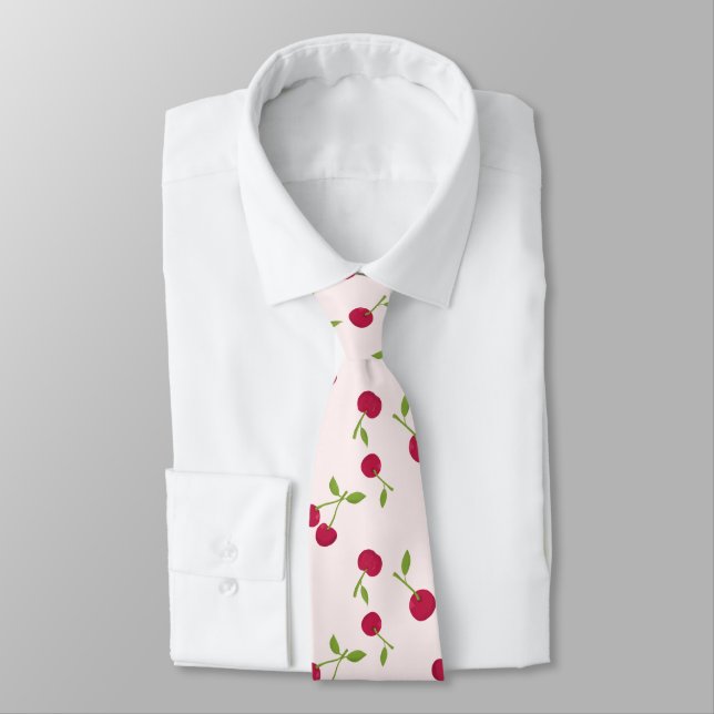 Cute Cherry Print Pattern Coquette Pink Monogram Neck Tie (Tied)