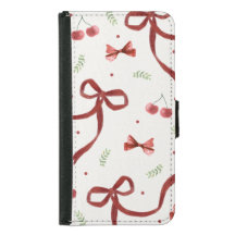 Cute Cherry & Red Ribbon Pattern Phone Wallet Case