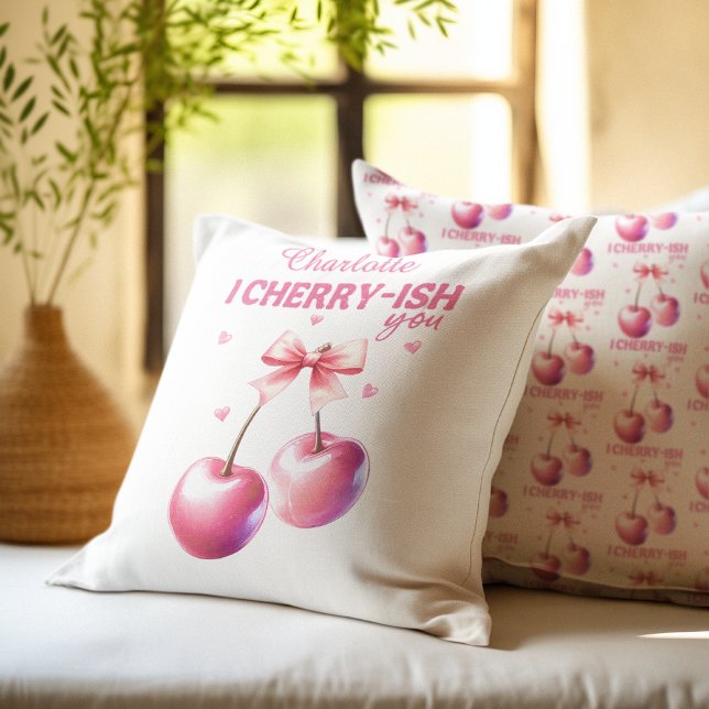 Cute Cherry Script Personalized Valentine’s Day Throw Pillow (Cute Cherry Script Personalized Valentine’s Day Throw Pillow)
