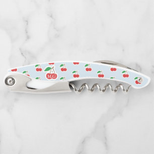 Cute Cherry Stems on Light Blue Monogram Waiter's Corkscrew