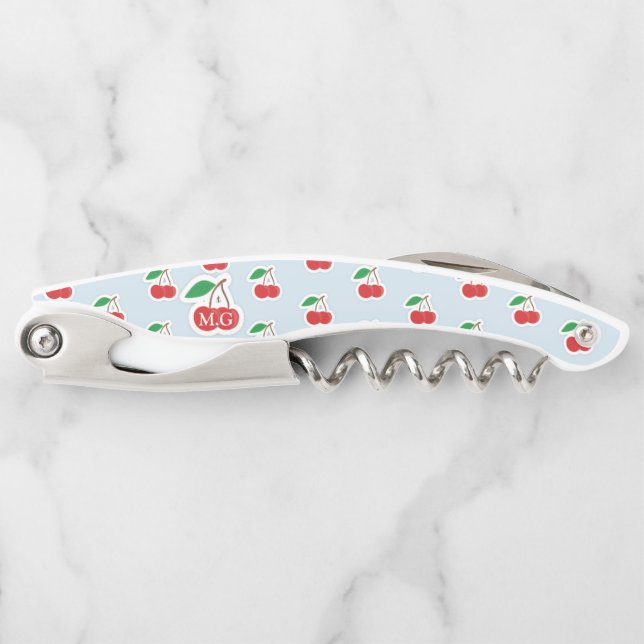 Cute Cherry Stems on Light Blue Monogram Waiter's Corkscrew (Front)