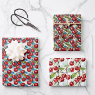 Cute Cherry Themed Pattern Birthday Wrapping Paper Sheets