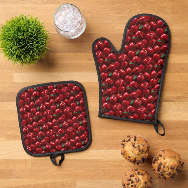 Cute cherry tiled pattern kitchen oven mitt & pot holder set (Top Down)