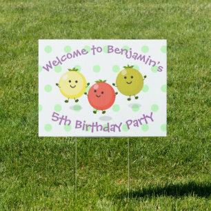 Cute cherry tomato friends cartoon illustration sign