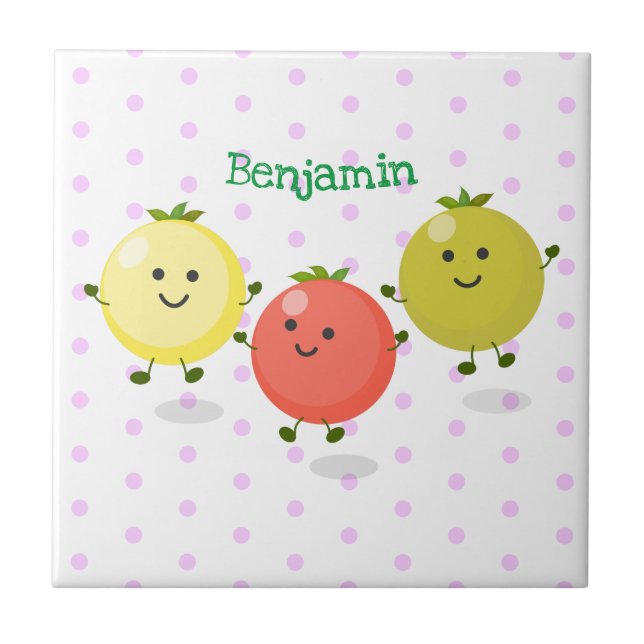 Cute cherry tomatoes cartoon illustration ceramic tile (Front)
