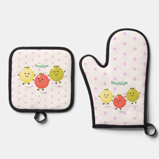 Cute cherry tomatoes cartoon illustration oven mitt & pot holder set (Front)