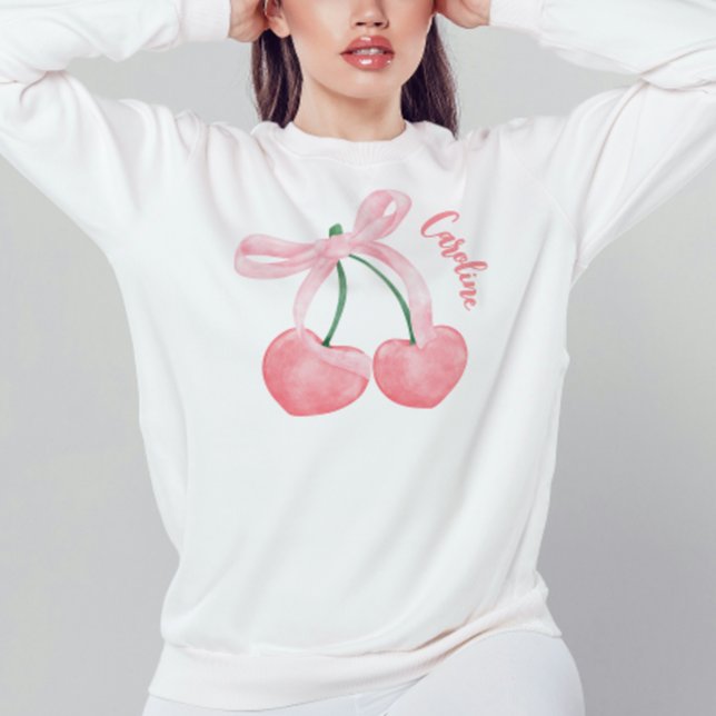 Cute Cherry w/ Pink Bow Girly Coquette Aesthetic Sweatshirt (Coquette sweatshirt, cute bow and cherries coquette clothing shirt with personalized monogram name)
