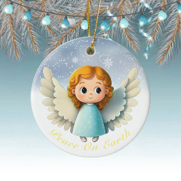 Cute Cherub Baby Girl Angel, Peace On Earth 👼🏻🎄 Ceramic Ornament