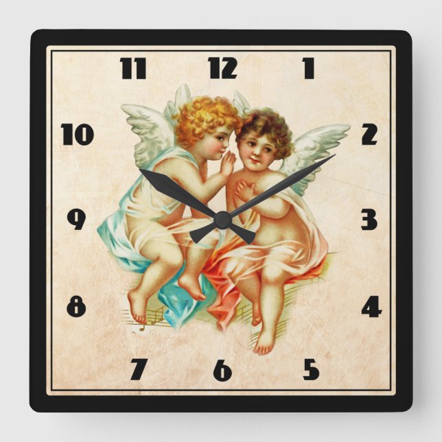Cute Cherub Ephemera on Faux Parchment Square Wall Clock (Front)