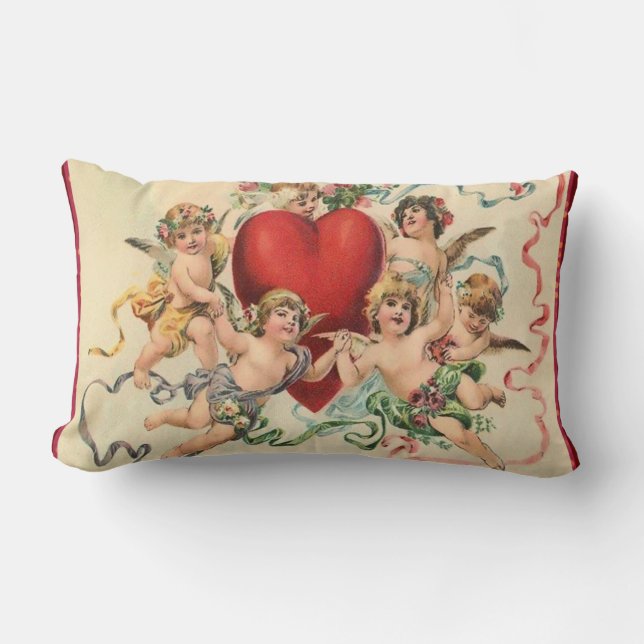 Cute Cherubs with a Red Heart Valentine Lumbar Pillow (Front)