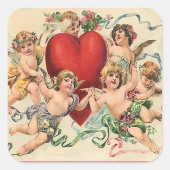 Cute Cherubs With A Red Heart Valentine Square Sticker by LeAnnS123 at Zazzle