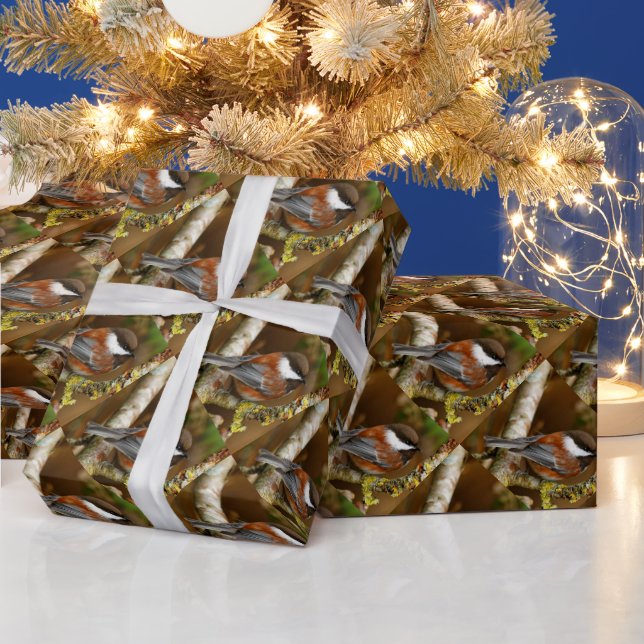 Cute Chestnut-Backed Chickadee on Pear Tree Wrapping Paper (Holidays)