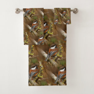 Cute Chestnut-Backed Chickadee on the Pear Tree Bath Towel Set