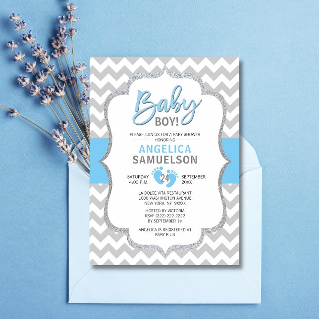 Cute Chevron Blue Gray Feet Baby Shower BOY Invitation (Creator Uploaded)