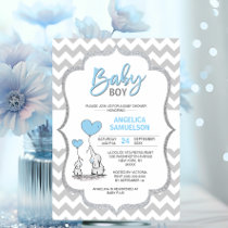 Cute Chevron Blue Grey Elephant Baby Shower BOY Invitation