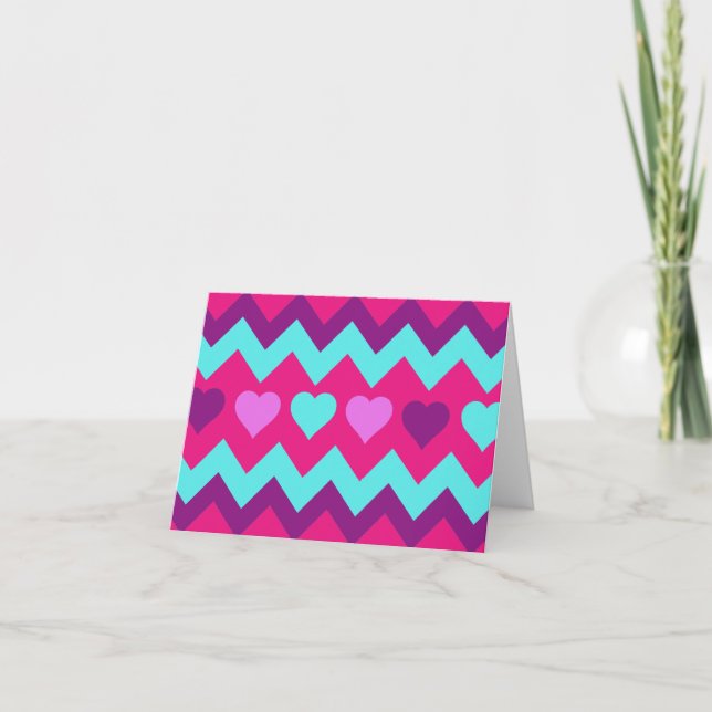 Cute Chevron Hearts Pink Teal Teen Girl Gifts Holiday Card (Front)