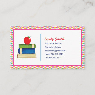 Cute Chevron Pattern Teacher Watercolor Apple Book Business Card