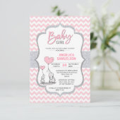 Cute Chevron Pink Gray Elephant Baby Shower GIRL Invitation (Standing Front)