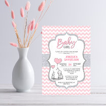Cute Chevron Pink Gray Elephant Baby Shower GIRL Invitation