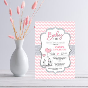 Cute Chevron Pink Gray Elephant Baby Shower GIRL Invitation