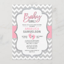 Cute Chevron Pink Grey Feet Baby Shower GIRL Invitation