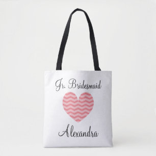 Cute chevron stripe coral pink heart jr bridesmaid tote bag