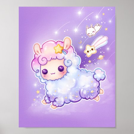 Cute Chibi Alpaca With Kawaii Shooting Star Poster