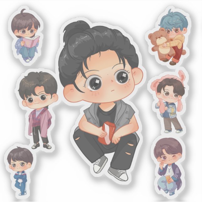 Cute Chibi Anime Boy Vinyl Sticker Set (Front)