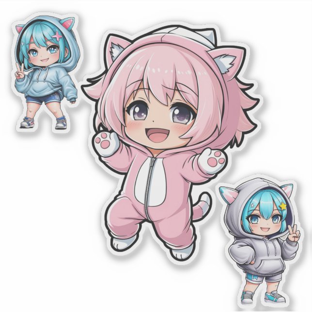 Cute Chibi Anime Cat Hoodie Girl Vinyl Sticker (Front)
