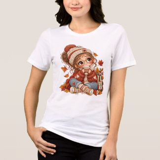 Cute Chibi Autumn Girl Embroidery Style Cozy Shirt