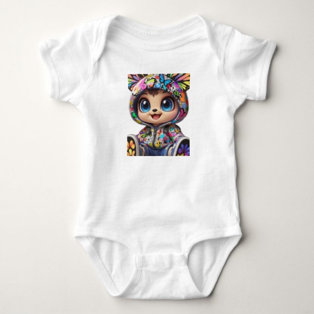 Cute Chibi Bear in Graffiti Butterfly Hoodie – Kaw Baby Bodysuit (Front)