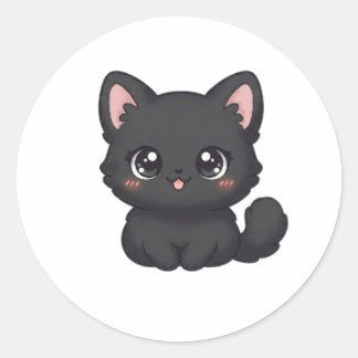 Cute Chibi Black Cat Kawaii Kitten Tongue Classic Round Sticker