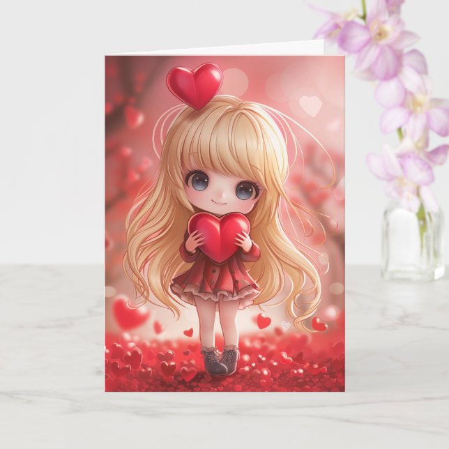 Cute Chibi Blonde Holding a Heart Card (Orchid)